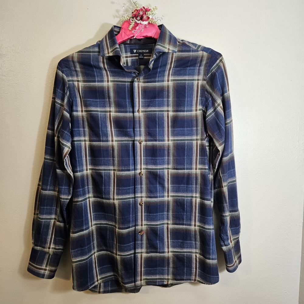 Cremieux Men's Plaid 100% Cotton Button-Up Shirt Blue Brown Green Preppy Size M